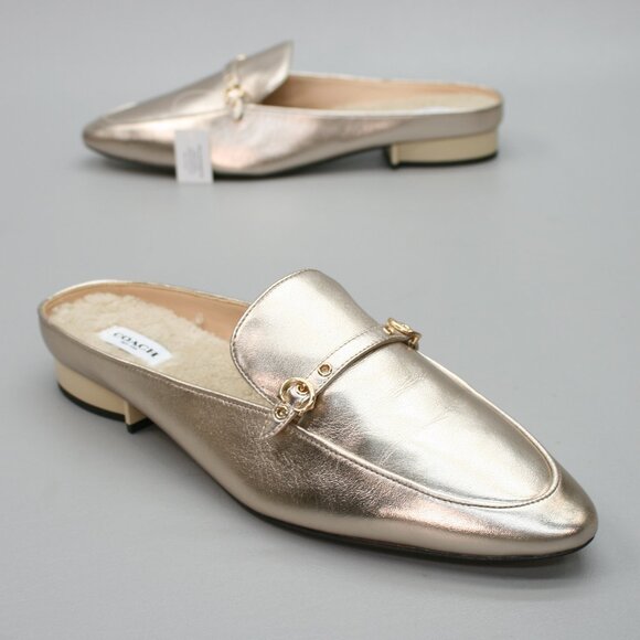 Coach Ladies 11 B Irene Mules Metallic Gold Leather Slides Flats Shearling Shoes - Picture 1 of 12